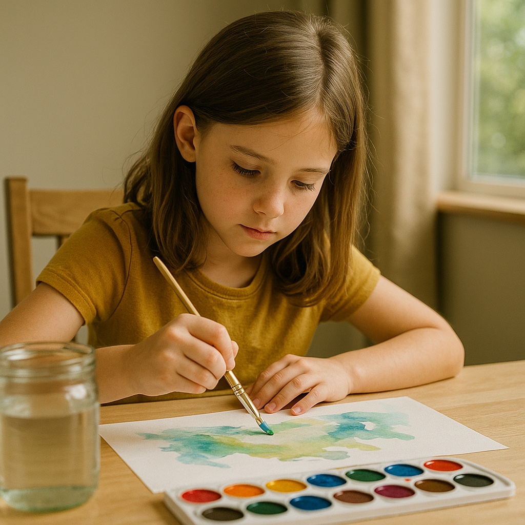 Child painting with watercolors
