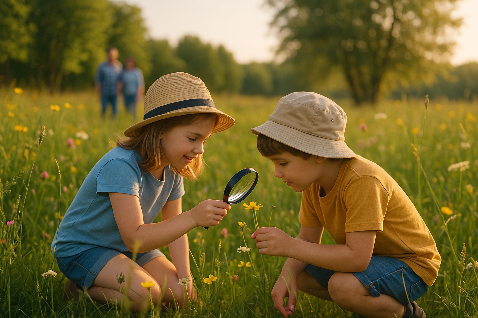 Children exploring a meadow