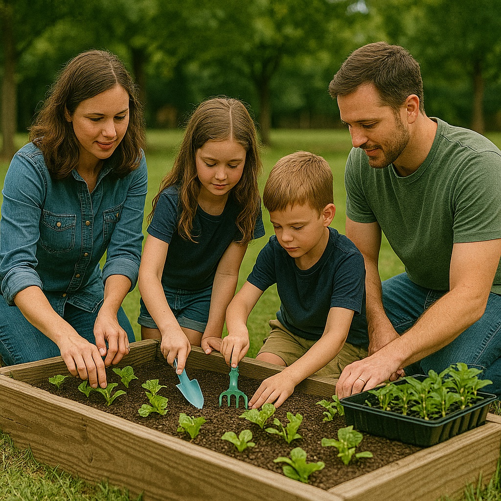 Family gardening in raised beds